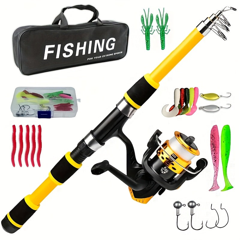 Portable Telescopic Fishing Rod with a Rotating Reel And Bait Hooks for Travel, Complete Rod Kit with Bait Tackle Set And Hook Storage Bag, Soft Bait T-Tail Pre-Wound Reel Set, Packed in a Suitcase.