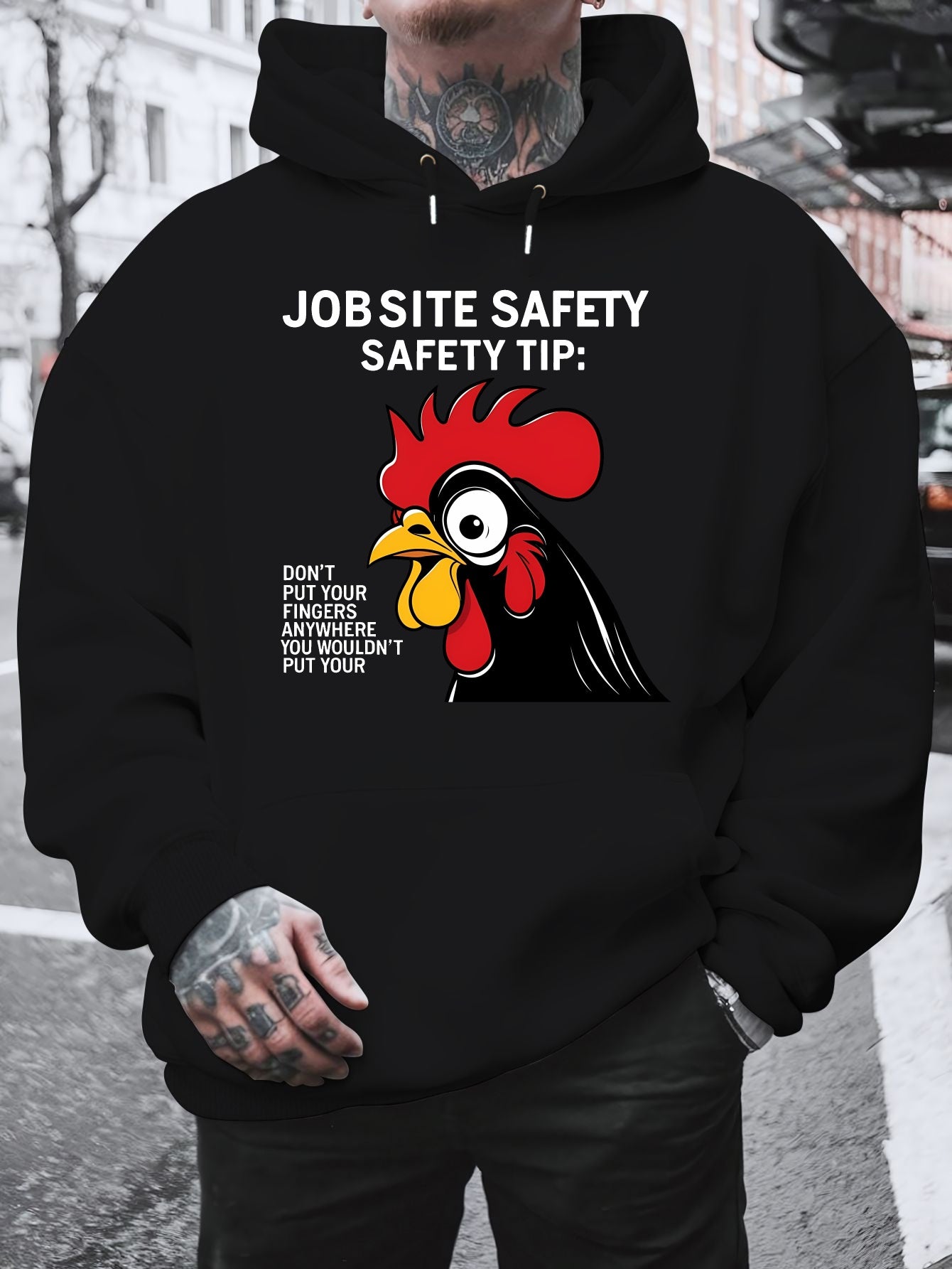 Men'S Plus Size Hoodie - "Jobsite Safety" Safety Tip Graphic with Rooster, Black with White Text, Casual Plush Pullover for Fall & Winter, Dalian Hat Fashion Brand, Fall Winter Apparel | Playful Graphic Hoodie | Plush Polyest
