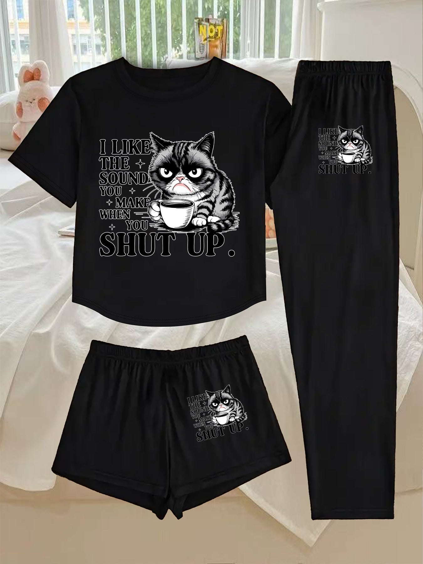 Women'S 3pcs Set - "I Like the Sound of the Cat" Print, Comfortable Sleepwear with Shorts and Long Pants, Casual Crew Neck, Spring/Summer Collection, Casual Wear|Playful Print|Comfortable Fit, Pajamas for Women