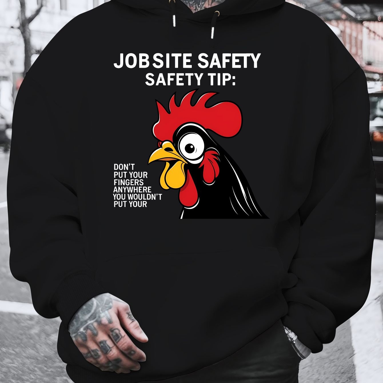 Men'S Plus Size Hoodie - "Jobsite Safety" Safety Tip Graphic with Rooster, Black with White Text, Casual Plush Pullover for Fall & Winter, Dalian Hat Fashion Brand, Fall Winter Apparel | Playful Graphic Hoodie | Plush Polyest