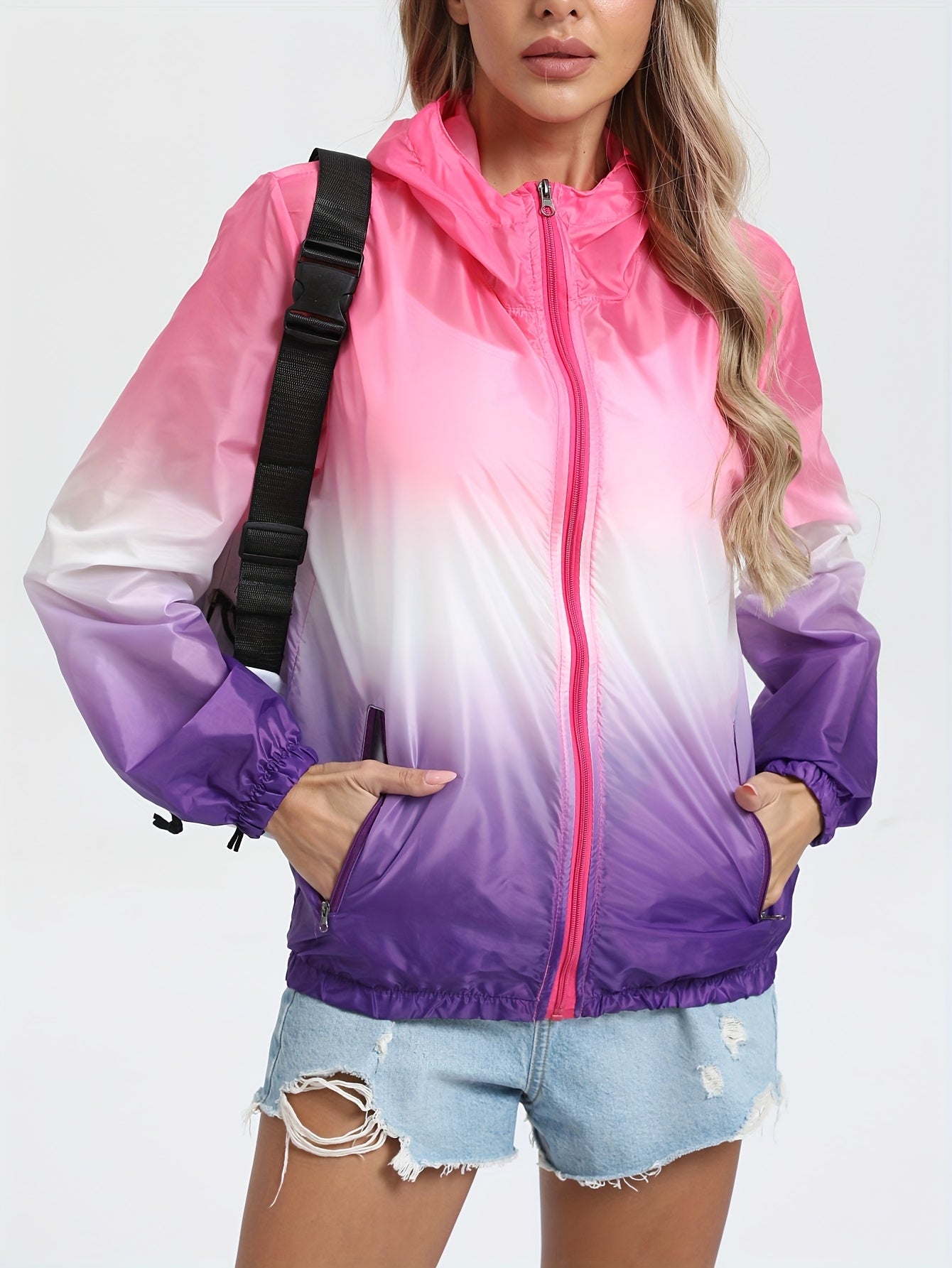 Women'S Lightweight Hooded Jacket with Gradient Color, Printed Design, And Zippered Pockets for Outdoor Use.