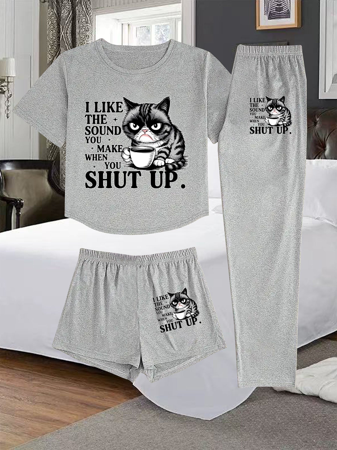 Women'S 3pcs Set - "I Like the Sound of the Cat" Print, Comfortable Sleepwear with Shorts and Long Pants, Casual Crew Neck, Spring/Summer Collection, Casual Wear|Playful Print|Comfortable Fit, Pajamas for Women