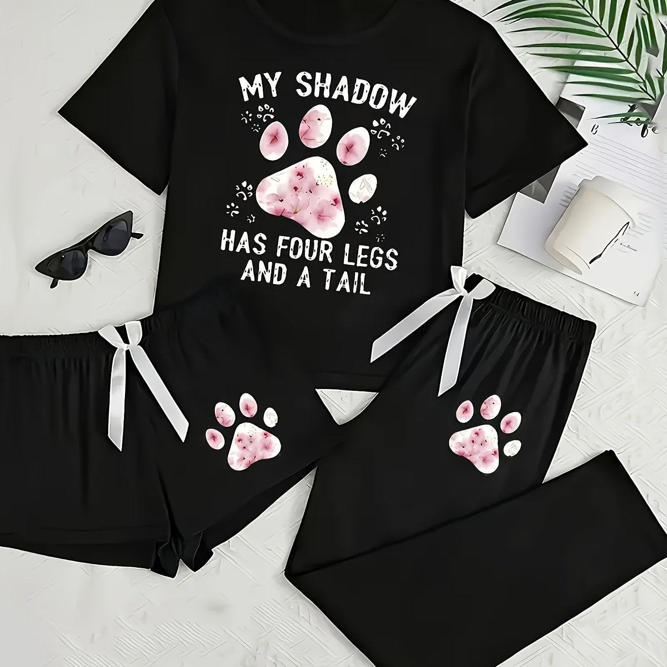 Fashionable 3pcs Unique Design Print Women'S Pajamas, Home Wear, Short Sleeve Long Pants Shorts