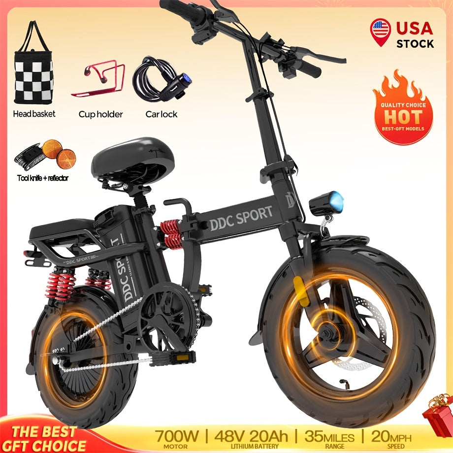 M1 Electric Bicycle for Adults Featuring a Basket, (960Wh)700W Peak Motor, 32 Miles Range, 20MPH Commuter E-Bike with 48V 20AH Removable Battery, 14" All-Purpose Tire, 385 Lbs Capacity, LCD Display & Dual Disc Brake, 11-Shock