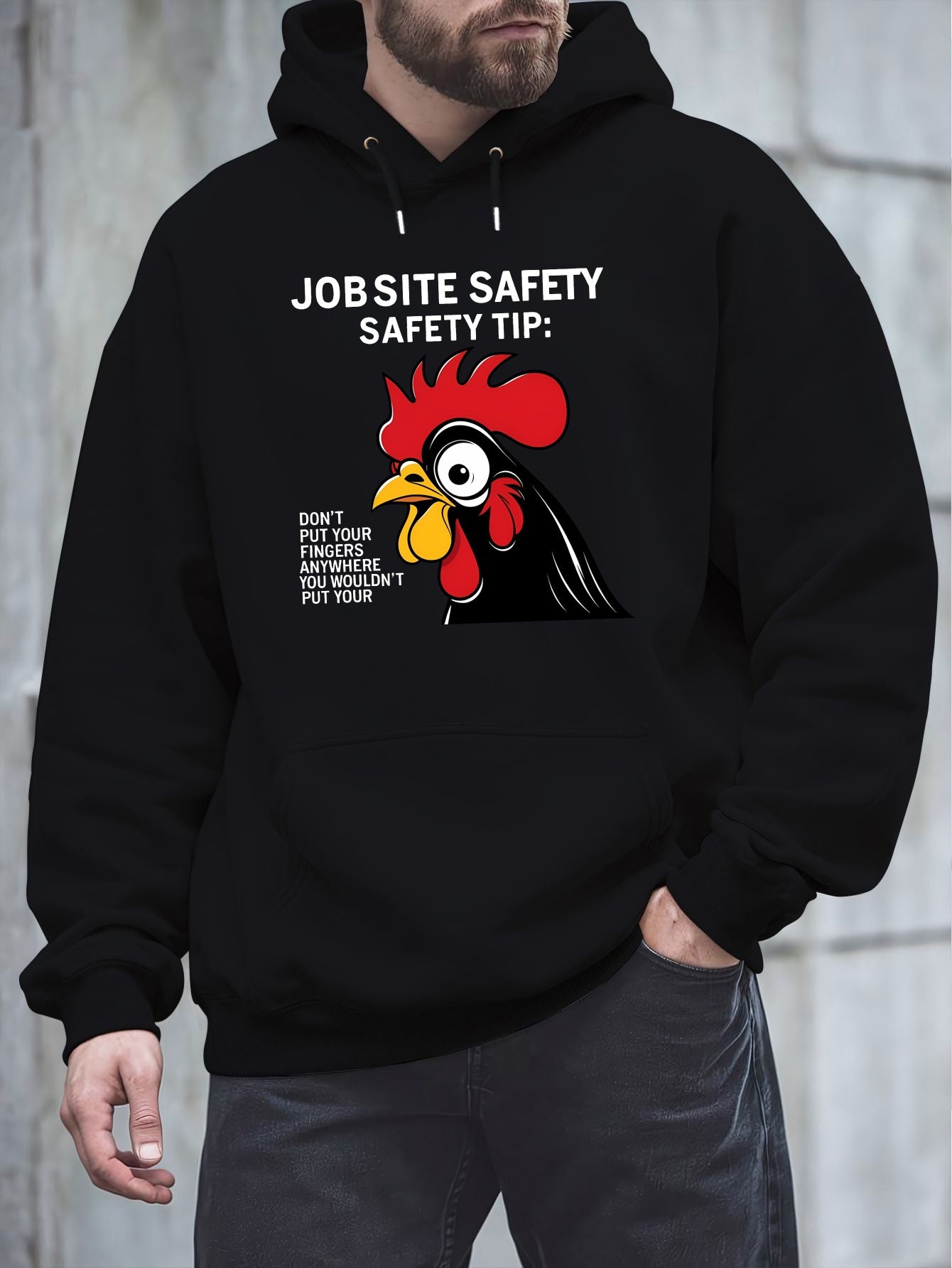 Men'S Plus Size Hoodie - "Jobsite Safety" Safety Tip Graphic with Rooster, Black with White Text, Casual Plush Pullover for Fall & Winter, Dalian Hat Fashion Brand, Fall Winter Apparel | Playful Graphic Hoodie | Plush Polyest