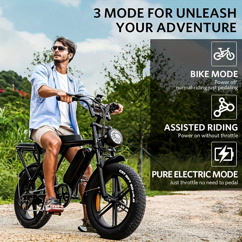 1-Pedal /Electric Bike - Heavy-Duty All-Terrain 20" Tire Electric Mountain Bike with 740W Motor, 48V 15Ah Removable Battery, 7-Speed Gear System, Front/Rear Disc Brakes, Global Voltage 100-240V, Global Plug Compatibility, All