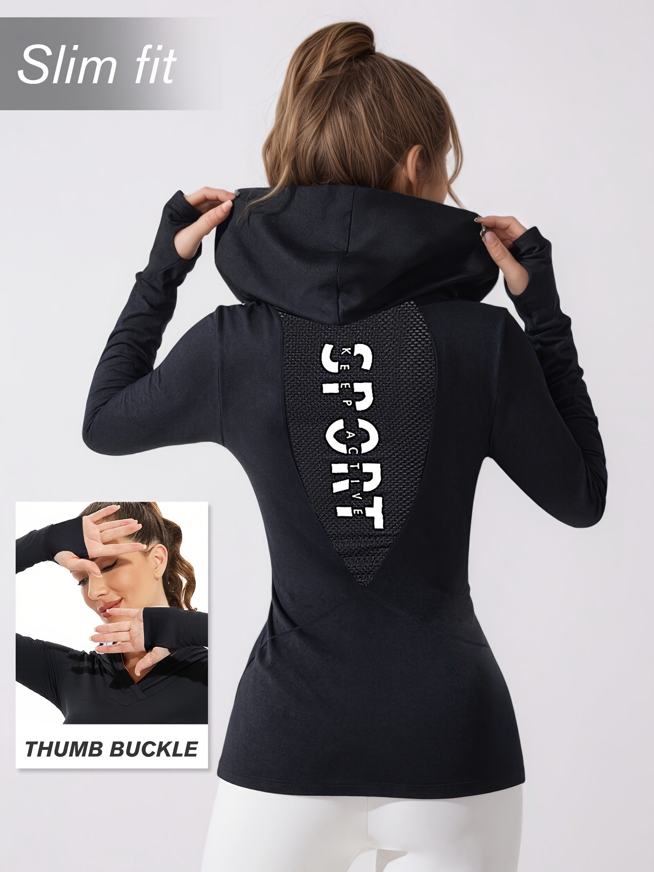 Women's Workout Hoodie - Quick-Dry Yoga Jacket with Thumb Buckle, Slim Fit Gym Sweatsuit, Stretchy Long Sleeve Athletic Top for Running, Training, Yoga - All-Season Women's Fitness Apparel, Running Gear, Sporty Design, Mesh P