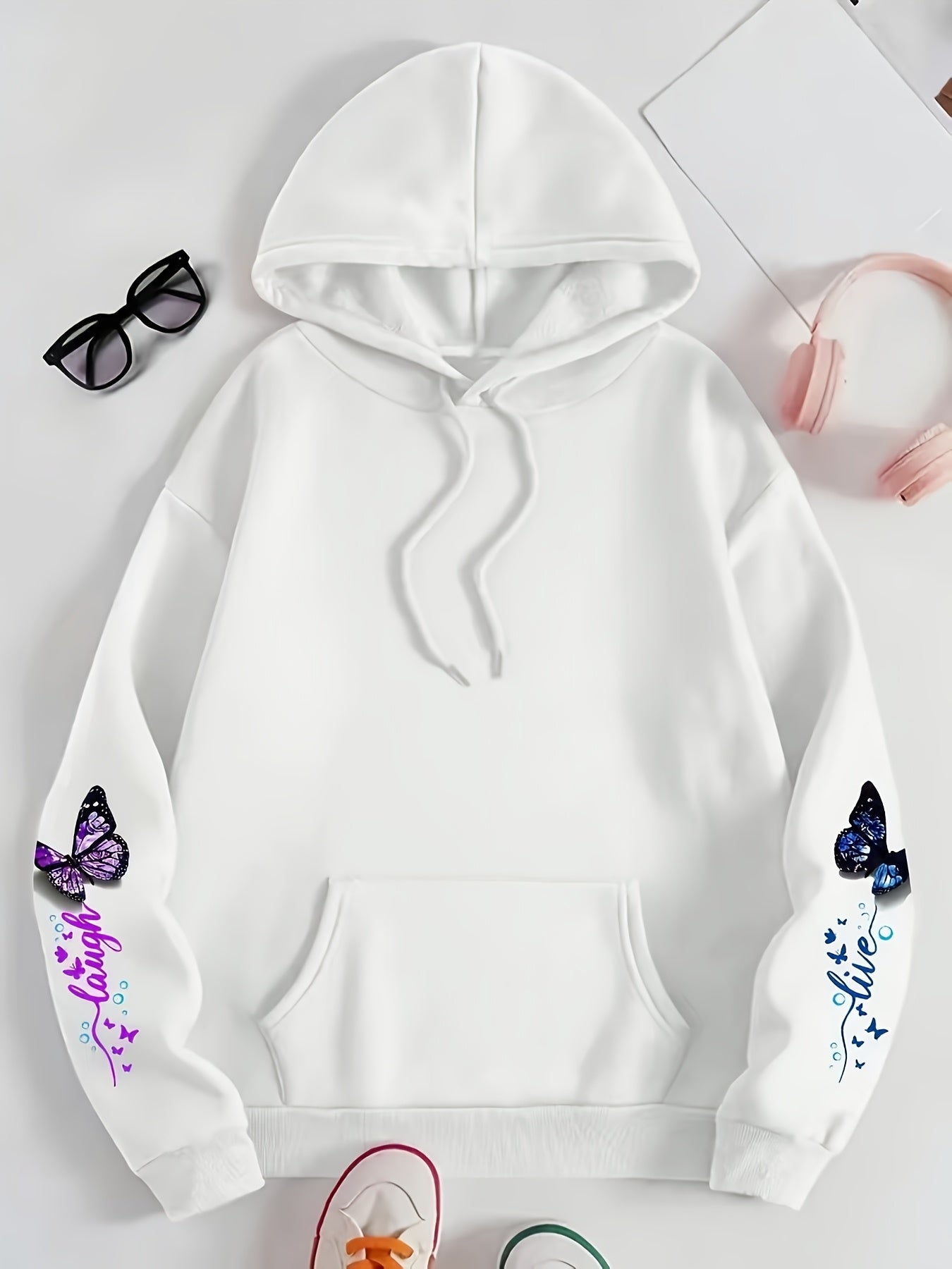 Women's Elegant Butterfly Print Hooded Sweatshirt with Drawstring Hood & Pocket - White Long Sleeve Casual Pullover, Multicolor Butterfly Design, Machine Washable, Fall Winter Warmth, Soft Fabric for Casual Attire & Special O