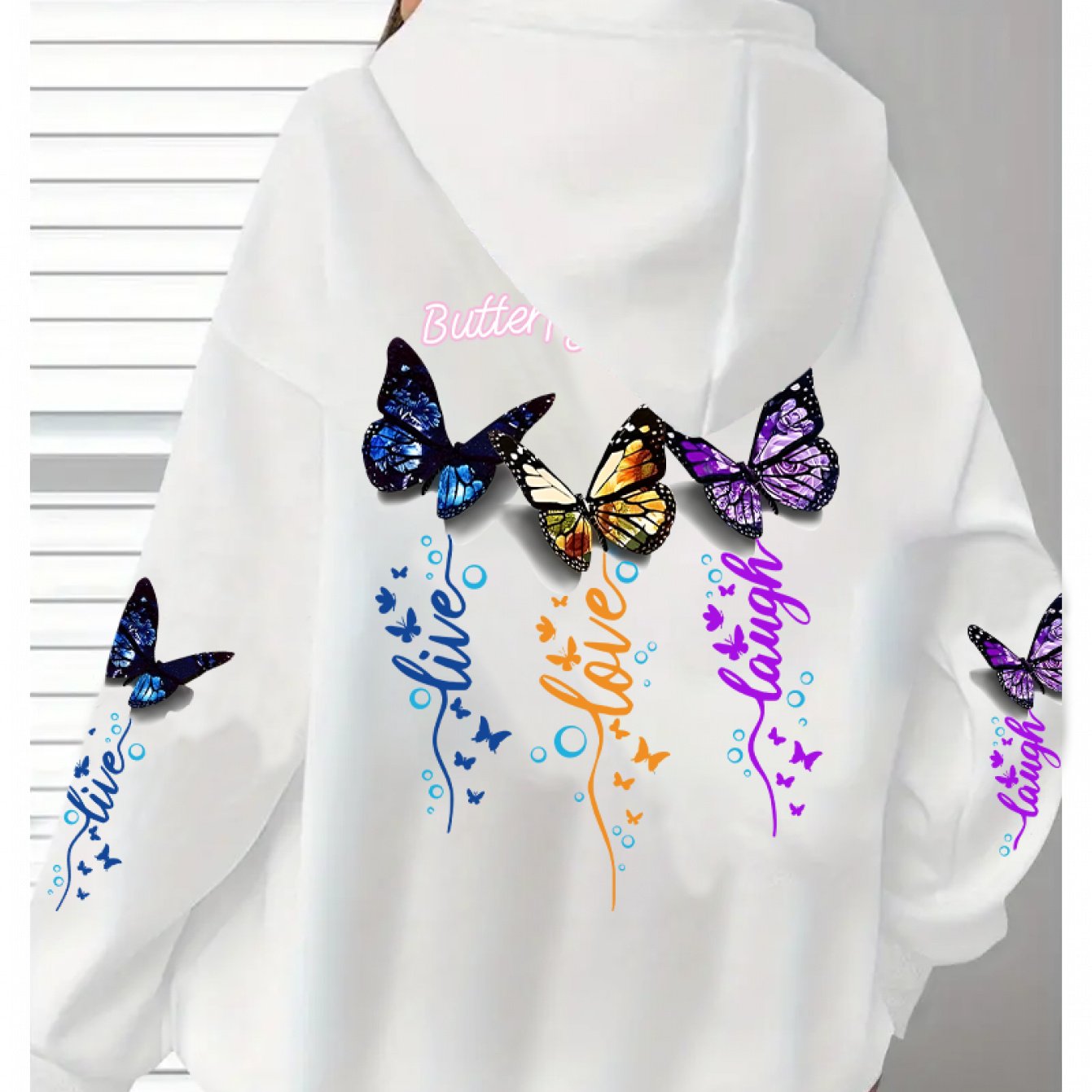 Women's Elegant Butterfly Print Hooded Sweatshirt with Drawstring Hood & Pocket - White Long Sleeve Casual Pullover, Multicolor Butterfly Design, Machine Washable, Fall Winter Warmth, Soft Fabric for Casual Attire & Special O