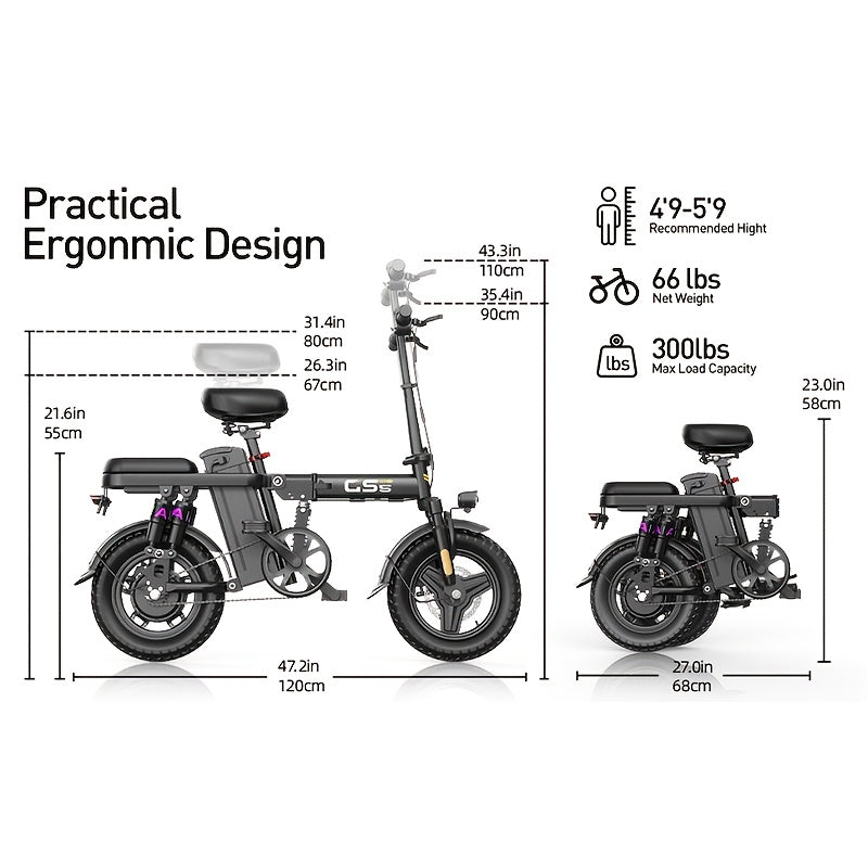 Adult Folding Electric Bicycle | 500W Motor, 20 Mph Speed, 10-35 Mile Range, 14-inch Compact Size, Disc Brakes, City Commuting Electric Bike, High-quality Accessories, Alloy Steel Wheels, Classic Style