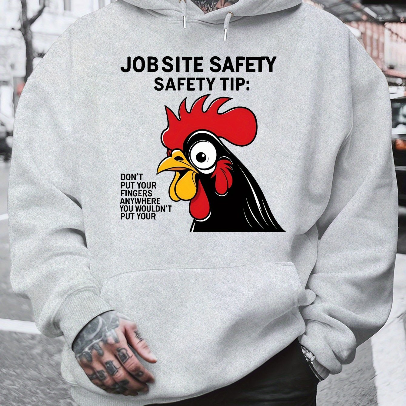 Men'S Plus Size Hoodie - "Jobsite Safety" Safety Tip Graphic with Rooster, Black with White Text, Casual Plush Pullover for Fall & Winter, Dalian Hat Fashion Brand, Fall Winter Apparel | Playful Graphic Hoodie | Plush Polyest