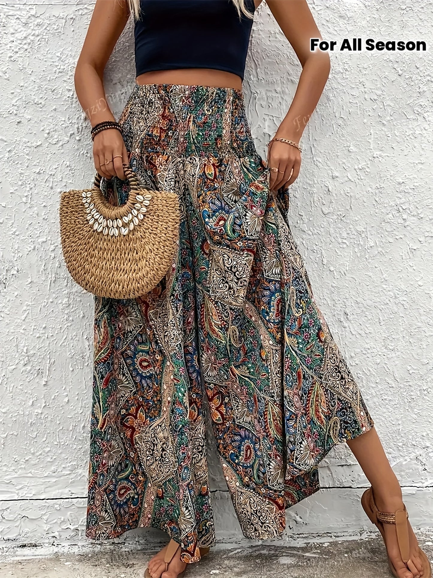 Women's Elegant Paisley Wide-Leg Trousers - High-Waisted Bohemian Pants with Smock Waist & , All-Season Non-Stretch Tailored Fit (Hand Washable) for Casual & Formal Wear - Scottish Tartan-Inspired Design