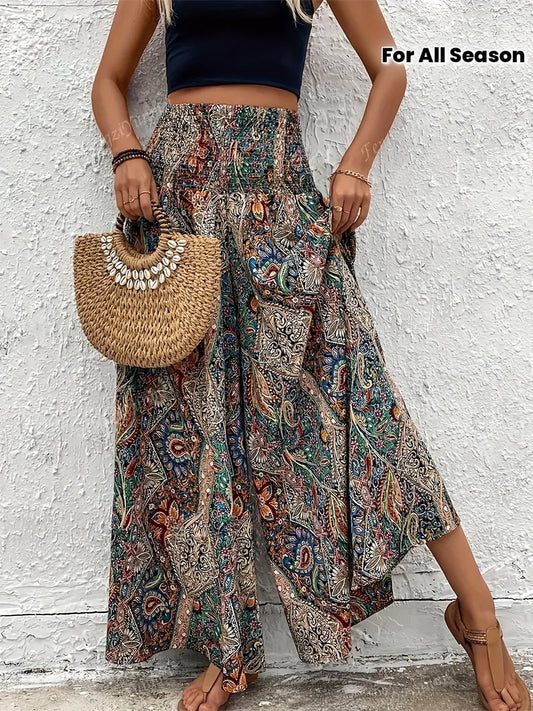 Women's Elegant Paisley Wide-Leg Trousers - High-Waisted Bohemian Pants with Smock Waist & , All-Season Non-Stretch Tailored Fit (Hand Washable) for Casual & Formal Wear - Scottish Tartan-Inspired Design